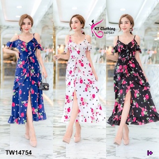 👗Pfashion [ส่งไว!!🚛] P14754 เดรสสายเดี่ยวเว้าไหล่แต่งระบายลายดอก+ยางมัดผม