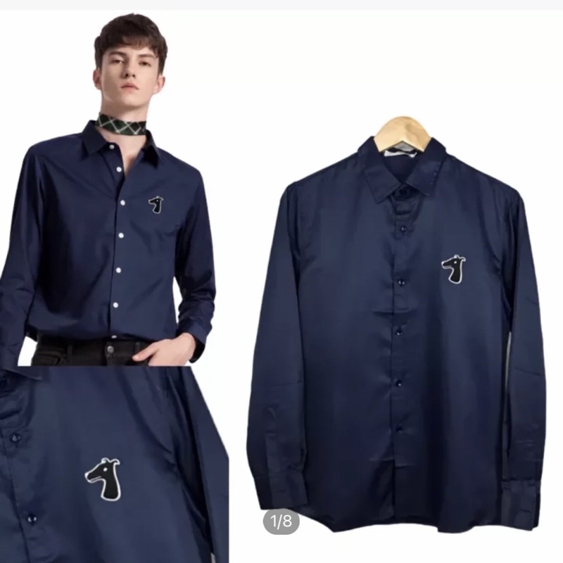 VIPSHIRT เสื้อเชิ้ตแฟชั่นแขนยาว รุ่น เสื้อสีกรมหมาดำ หมาหัวใจน้ำเงิน หัวใจสีขาว