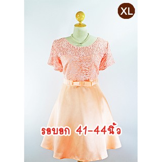 E2255-3-XL-ชุดเดรสคนอ้วน สีพีช-ส้ม ผ้าลูกไม้และผ้าไหมเทียม กระโปรงย้วย