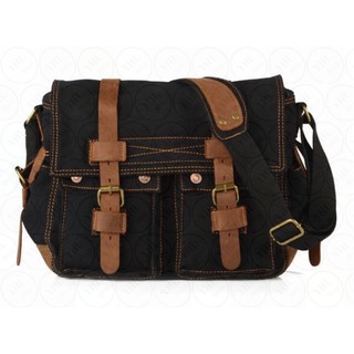 YHL กระเป๋าสะพายข้างชาย สไตล์วินเทจ Vintage Canvas Leather Messenger Bag Satchel Bag Shoulder Bag (สีดำ)