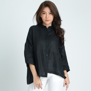 C&amp;D LINEN SHIRT เสื้อเชิ๊ตซีแอนด์ดี เสื้อมีปก แขนยาว ผ้าลินิน สีดำ (CL3ABL)