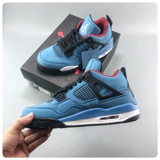 ▩ஐ﹍100% Original Nike Air Jordan 4 x Travis Scott AJ4 หนังกลับสีน้ำเงิน “Houston Oilers” 308497-406