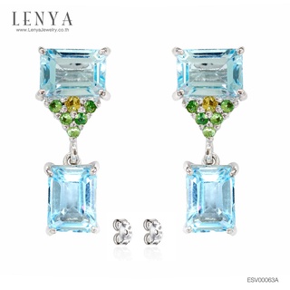 Lenya Jewelry ต่างหูบลูโทพาส(Blue Topaz) สีฟ้า ประดับพลอยซาโวไรท์สีเขียว และบุษราคัมสีเหลือง ตัวเรือนเงินแท้ชุบทองคำขาว