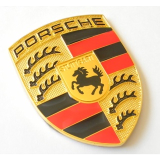 โลโก้โลหะ ปอเช่ พอร์ช มีกาวอยู่ด้านหลัง พร้อมติดตั้ง ขนาด 6.8CM * 5.1CM Porsche emblem metal gold logo macan cayenne