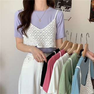 Cicishop(พร้อมส่ง)(950)เสื้อยืดแขนสั้นสีพาสเทล +คอเซ็ทลูกไม้สายเดี่ยวถัก 2ชิ้นหวานๆ