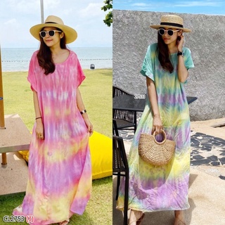 Maxi Dress เดรสยาว คอกลมแขนสั้น เนื้อผ้าสปันลายมัดย้อม ทรงก็ใส่สบายสีหวาน ใส่เที่ยวทะเล