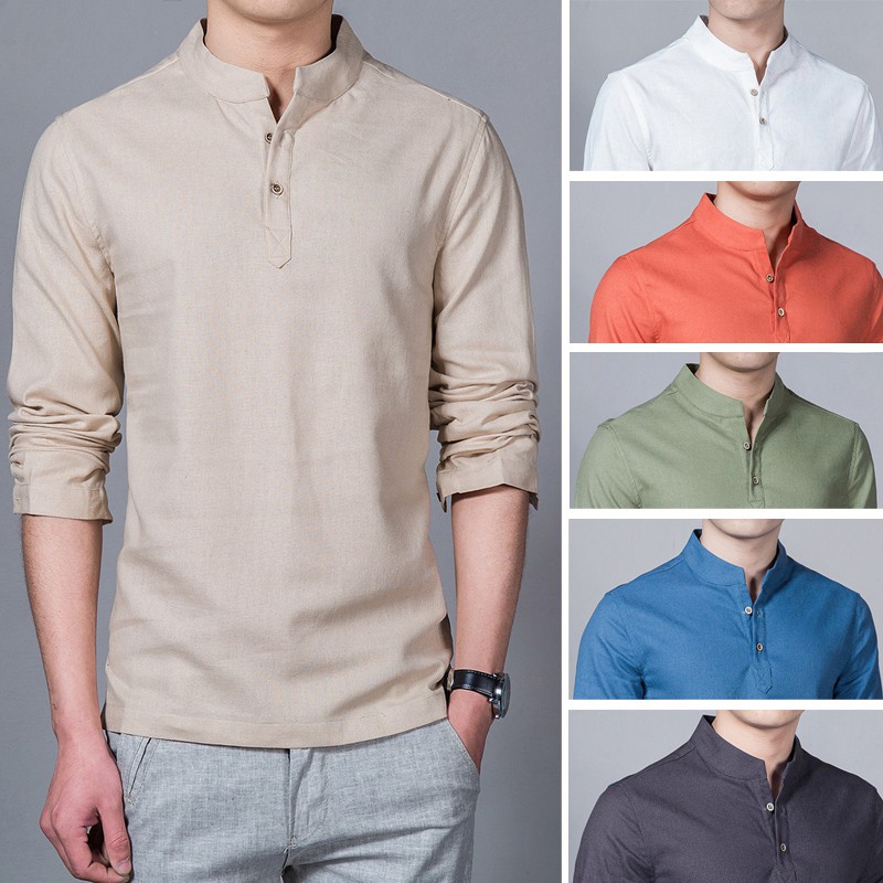 (M-5XL) แฟชั่นผู้ชายผ้าลินินเสื้อแขนยาว Slim Fit เสื้อมุสลิม Bollywood Stand Collar เสื้อ Baju Lelaki