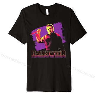 เสื้อยืดผ้าฝ้ายพรีเมี่ยม เสื้อยืดลําลอง ผ้าฝ้าย แขนสั้น พิมพ์ลาย Michael Myers Neon Portrait 3D สําหรับผู้ชาย HM0S