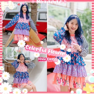 Colorful Flower Dress พร้อมส่ง เดรสลายดอกไม้ ต่อกระโปรงชั้นๆน่ารักๆ โทนหลากสี เดรสลายดอก เว้าไหล่ งานป้าย