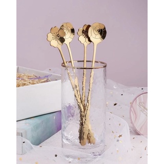 ช้อนยาว รูปดอกไม้ สแตนเลส สีทอง Golden Stainless Steel Flower Design Spoon