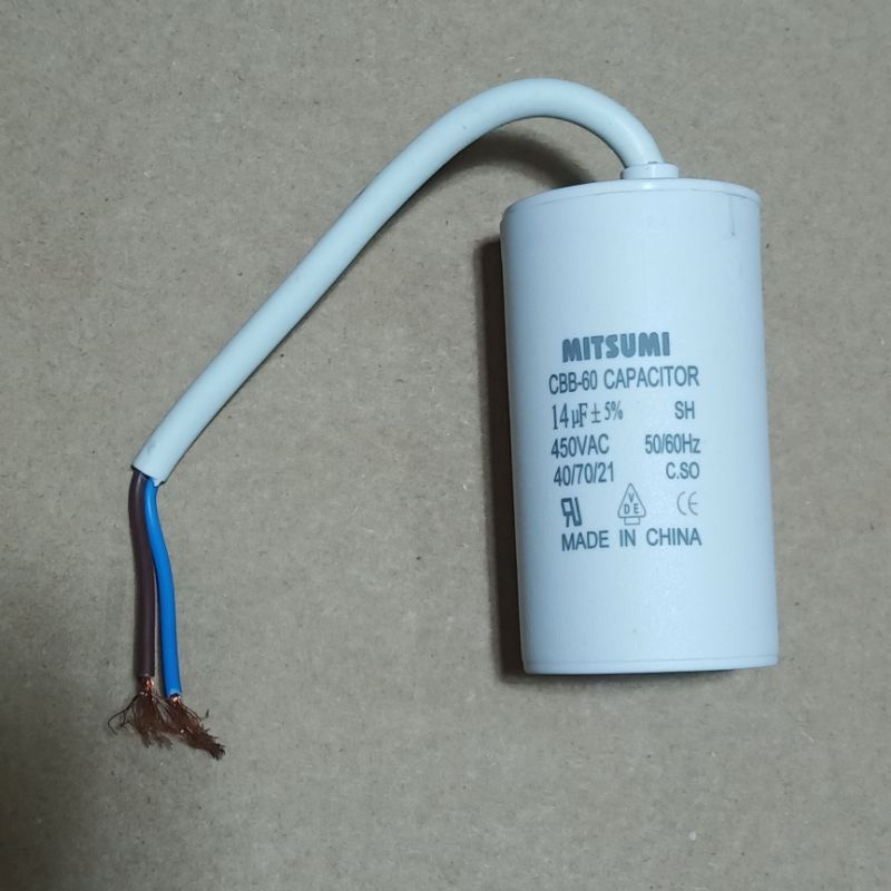 คาปาซิเตอร์ 14uf/450v พลาสติกมีสายไฟ คาปาเครื่องซักผ้า ซีปั๊มน้ำ คาปาซิเตอร์สตาร์ทมอเตอร์  แคปรัน  cap  capacitor  capa