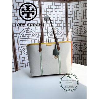 F.A ว่าแท้100% Tory Burch Perry  Triple-Compartment Big tote Canvas กระเป๋าสุภาพสตรี มีสายสะพายที่ปรับได้ 80641