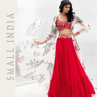 {**ส่งฟรี**} SMALL INDIA 💖✨ Red Hottest Indo-Western 💖✨ Lehenga Choli Set