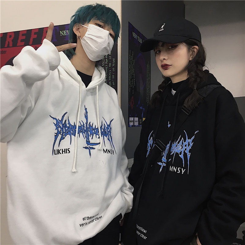 พร้อมส่ง พิมพ์ฟ้าแลบ เวอร์ชั่นเกาหลี เสื้อฮู้ดผ้าฟลีซทรงหลวม เสื้อฮู้ดโอเวอร์ไซส์