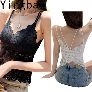 Yingbao เสื้อกล้ามลูกไม้ผีเสื้อ สวยงาม ด้านหลังแขวน ไม่ใช่แหวนเหล็ก ชุดชั้นในด้านนอก เสื้อสายเดี่ยว แขนกุด ฤดูร้อน สีดํา