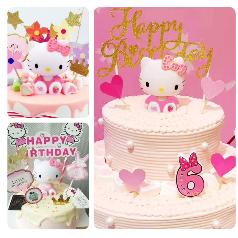 หมวกเค้ก Hello Kitty การ์ตูนตัวละครตกแต่ง Hello Kitty ของเล่นของขวัญวันเกิดงานแต่งงาน