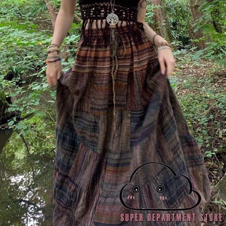 ✤GM✲Women´s Long Skirts Vintage Stripes Print Bohemian Style High Waist Skirt Beachwear