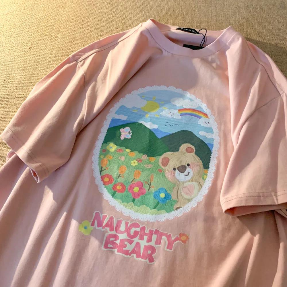 ผู้หญิงฤดูร้อนบวกขนาดพอดีหลวมหมีน้อยพิมพ์เสื้อยืดแขนสั้น