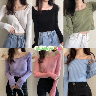 พร้อมส่ง🧸🛍 เสื้อปาดไหล่ ครอปเเขนยาว ผ้าร่อง เสื้อไหมพรมแขนยาว-ปาดไหล่ใส่ได้สองแบบ