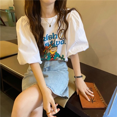 Grace_chili2322# เสื้อยืด แฟชั่น เสื้อยืดแขนสั้นพิมพ์ลาย oversize คอกลมแขนสั้น ทรงหลวม สไตล์เกาหลี แขนพอง XXL