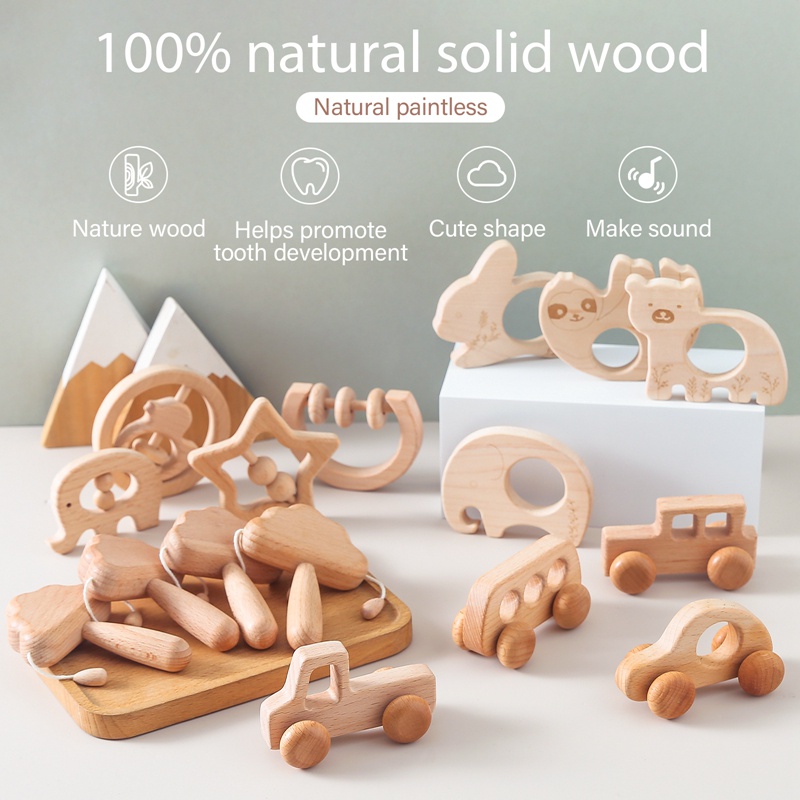 1set Wooden Rattle Beech Cloud Hand Teething Wooden Ring Baby Rattles ...