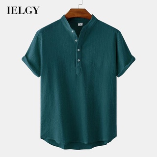 Ielgy เสื้อเชิ้ตลําลอง สีเขียว สามกระดุม คอวี แขนสั้น สําหรับผู้ชาย