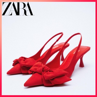 Zara รองเท้าส้นเข็ม หนังกลับ ประดับโบว์ สําหรับผู้หญิง