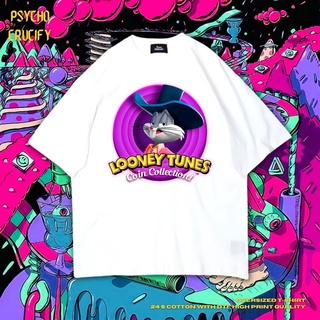 ผ้าฝ้ายคอกลมPsycho Crucify "Looney Tunes Coin Collection!" เสื้อยืด ขนาดใหญ่ | สีขาว | เสื้อยืด พิมพ์ลาย Looney Tunes Co