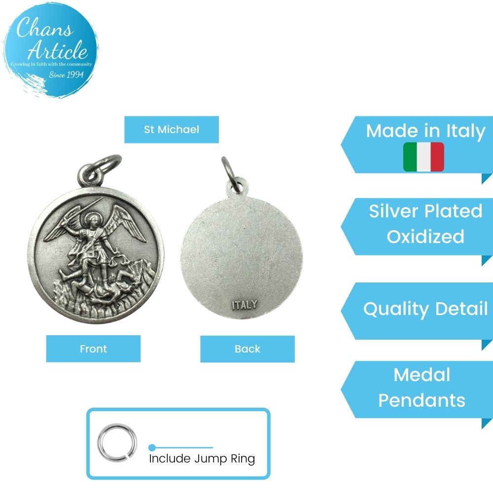 St Michael Medal Pendant Italian Made DIY สร้อยคอสําหรับคาทอลิก 65020 - Silver Plated Oxidized