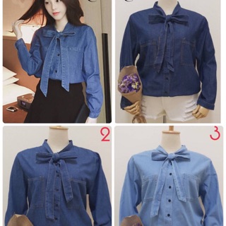 เสื้อผ้าคนอ้วน เสื้อยีนส์แขนยาว เนื้อไม่หนานะค่ะใส่สบายชิวๆ งานเก๋ๆผูกโบที่คอ