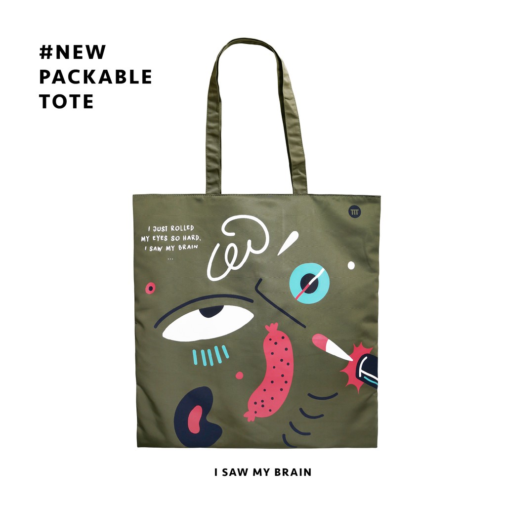 I saw my brain packable tote กระเป๋าผ้าสีเขียวพับเก็บได้ ราคา ถูกที่สุด ดีลบีเคเค