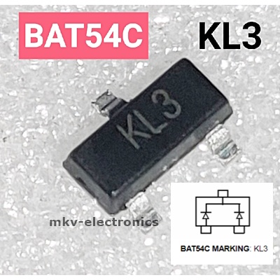 (10ตัว) BAT54C , Marking KL3 , SMD Schottky Diode 30V 0.2A SOT-23 (รหัสสินค้า M02359)