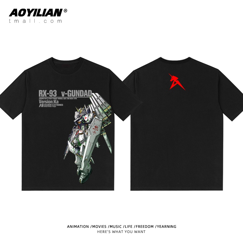 เสื้อยืดโอเวอร์ไซส์Mobile Suit Gundam Counterattack Char Amuro V Gundam RX-93 Manatee Gundam Cotton Short Sleeve T-shirt