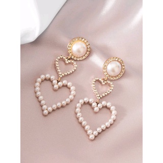 ต่างหูแฟชั่น ต่างหูหัวใจมุก Faux Pearl Heart Drop Earrings (ส่งจากไทย)