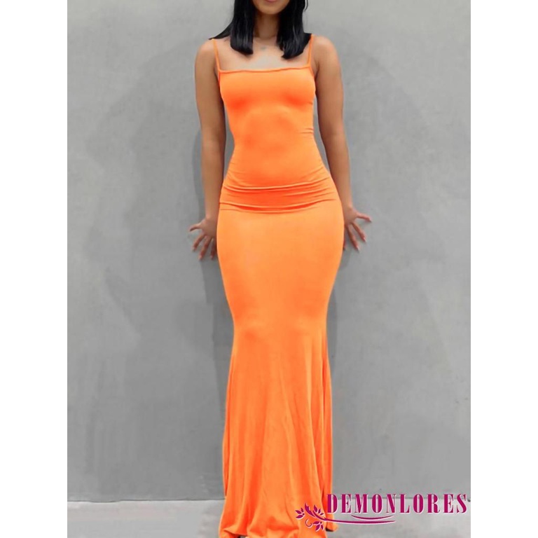 Demq-ผู้หญิงแขนกุดหางปลาชุดสีทึบสปาเก็ตตี้bodyconชุดยาว - รูปที่ 6