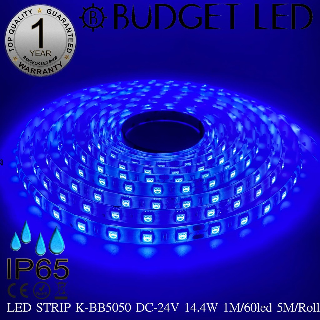 LED STRIP K-BB5050-BLUE DC-24V 14.4W/1M IP65 ยี่ห้อBUDGET LED แอลอีดีไฟเส้นสำหรับตกแต่ง 300LED/5M 72