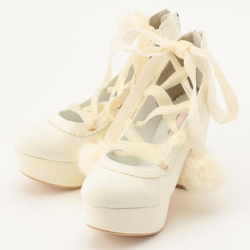 lolita​ Japanese​ Lizlisa​ Pom Pom​ Velvet​ Cream​ High​ heelsรองเท้าลิซลิซ่าโลลิต้าญี่ปุ่น