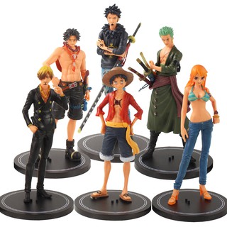 โมเดลฟิกเกอร์ One Piece Monkey D Luffy Roronoa Zoro Nami Vinsmoke Sanji Portgas D Ace Trafalgar Law PVC ของเล่นสําหรับเด็ก 6 ชิ้น ต่อชุด