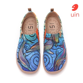 Uin รองเท้าผ้าใบโลฟเฟอร์ลําลอง น้ําหนักเบา ใส่สบาย ลายปลาโลมาทะเล แฟชั่นสําหรับสตรี