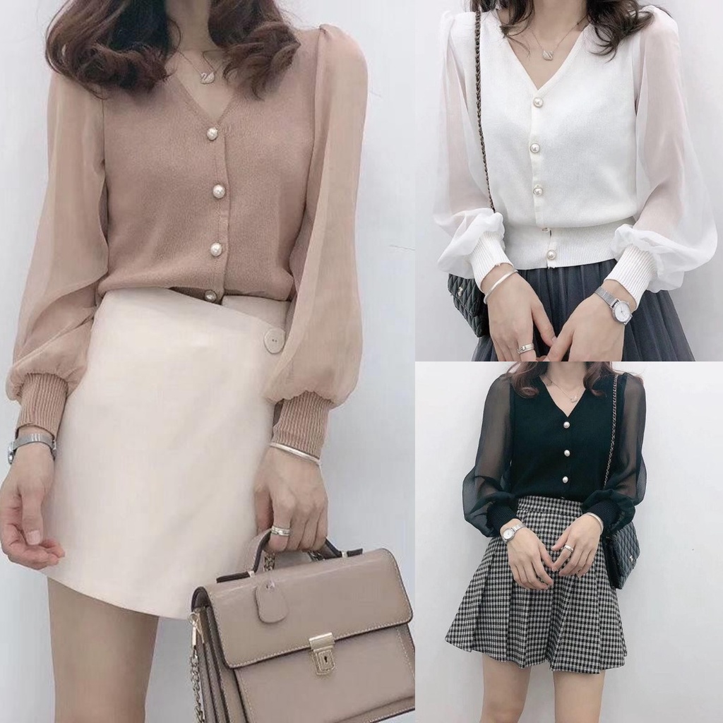 พร้อมส่ง เสื้อไหมพรมผู้หญิงคอวี แขนชีฟอง เสื้อสเวตเตอร์สีพื้นสีขาวแขนยาว