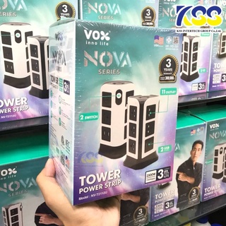 ปลั๊กไฟมาตรฐาน มอก. 3 เมตร VOX NV-T2112U ปลั๊กไฟ TOWER 11 ช่องเสียบ 2 สวิตซ์ 2 USB 2.1A Max