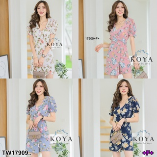 TwinsShopVip💗พร้อมส่ง TW17909 Jumpsuit ขาสั้น ลายดอกไม้ผูกเอว ..