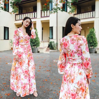 MASS Fashion : เดรสยาวคอวี มีสายผูก Dress - Maxi Sweet Rose