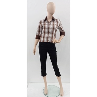 GSP Stephanie เสื้อเชิ้ตแขนสั้นลายสก๊อต สีน้ำตาลตัดสีขาว(OWS94KO)