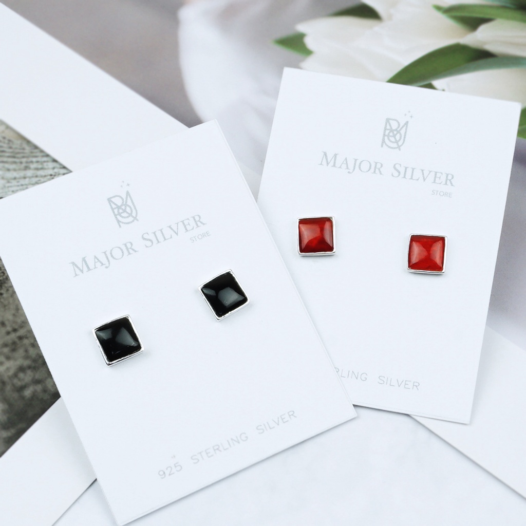 สี่เหลี่ยม7มิล/ ต่างหูเงินแท้92.5% ติดหินแท้ นิล มุก ลาพิส เทอควอยซ์ มูนสโตน : E-AnSq7-Sto