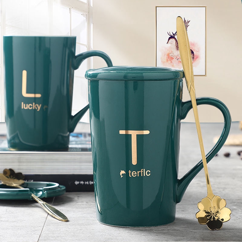 Ready Stock Simple mug with lid spoon Ceramic cup Korean student office ...