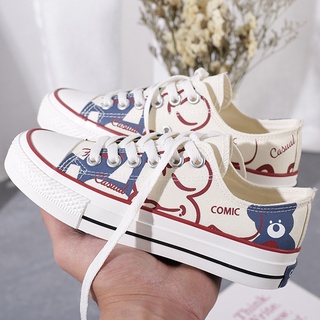 KD โกดังไทย รองเท้าผ้าใบทรงข้อสั้น แต่งลายหมี 2 สี