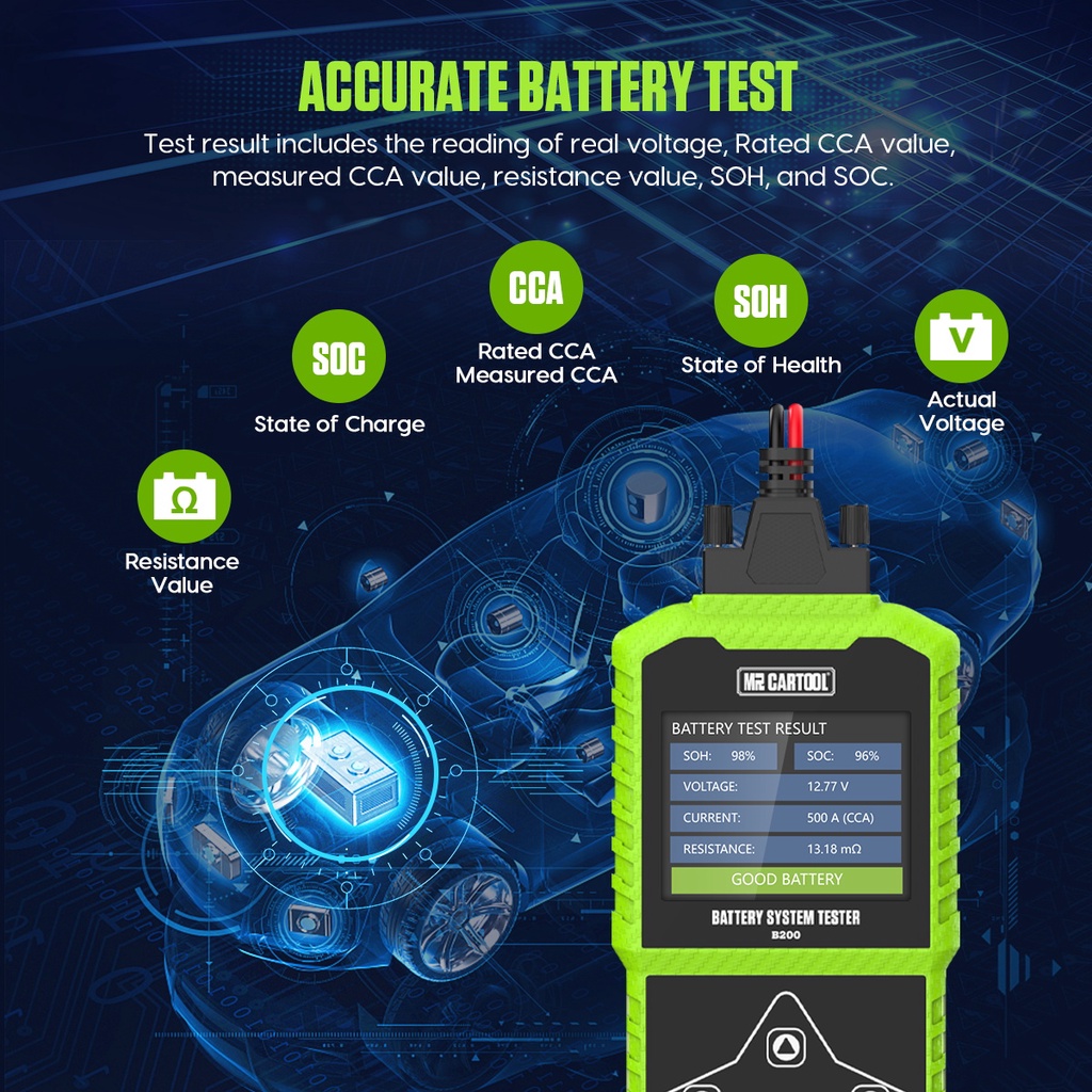เมนูภาษาไทย MRCARTOOL B200 เครื่องทดสอบแบตเตอรี่รถยนต์ 12 V/24 V Battery Tester ยานยนต์ Cranking Analyzer ชาร์จรถ Cricut โหลดเครื่องมือรถจักรยานยนต์รับประกัน 2 ปี เครื่องวัดแบตเตอรี่ PK AUTOOL BT460