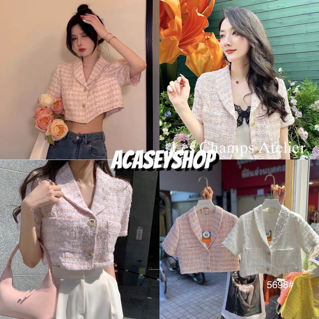 Acasey เสื้อครอป คอปก กระดุมหน้า พร้อมกระเป๋าคู่ #5698