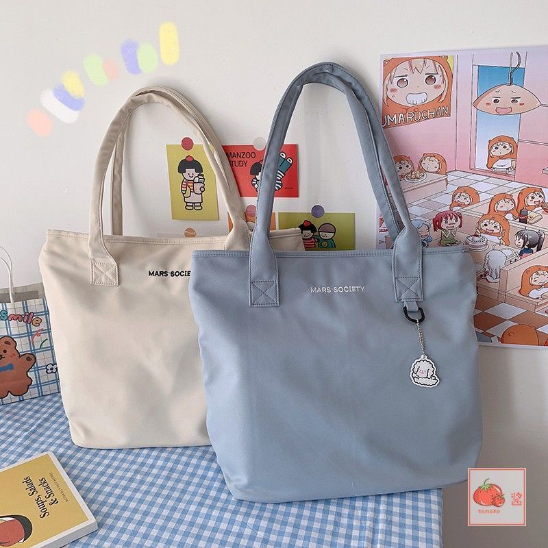 【ซิป + กระเป๋าด้านใน】กระเป๋าสะพายไหล่ กระเป๋าช้อปปิ้ง อเนกประสงค์ จุของได้เยอะ สีพื้น แบบเรียบง่าย สไตล์เกาหลี และญี่ปุ่น สําหรับนักเรียน